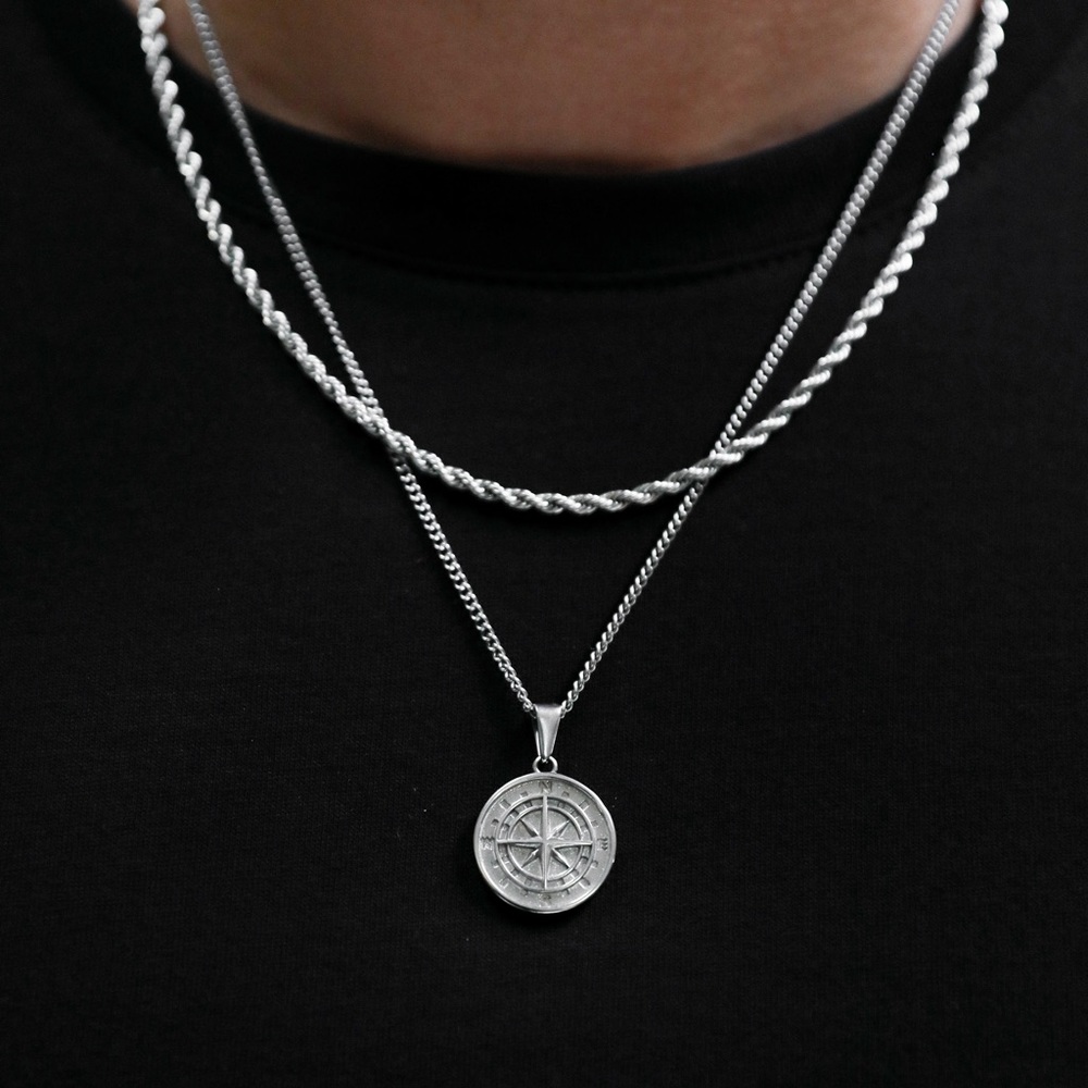 18k Silver Compass Layered Set